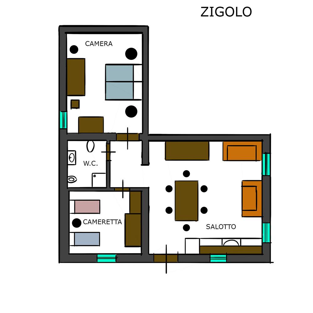 Appartamento con camera, cameretta, salotto, e bagno, disposizione a forma di L.