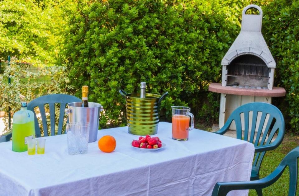 Tavolo all'aperto con bevande, frutta e barbecue nel giardino.