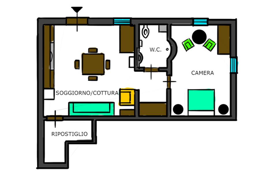Appartamento con soggiorno, cucina, camera da letto, bagno e ripostiglio.