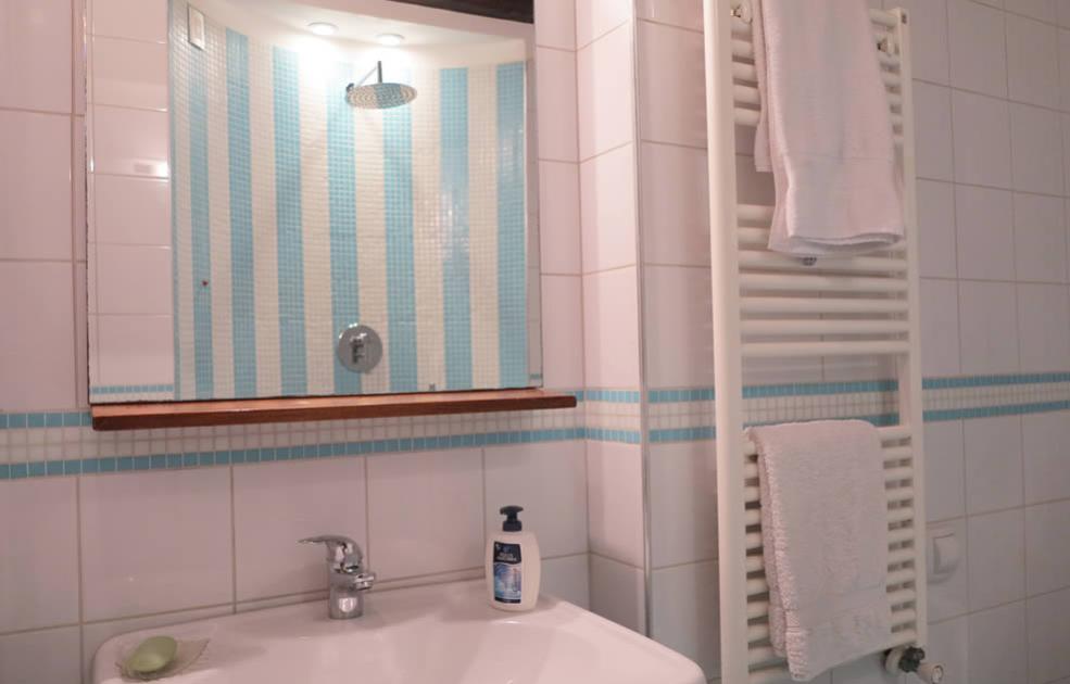 Bagno con doccia, lavabo, specchio, portasapone, e scaldasalviette con asciugamani.